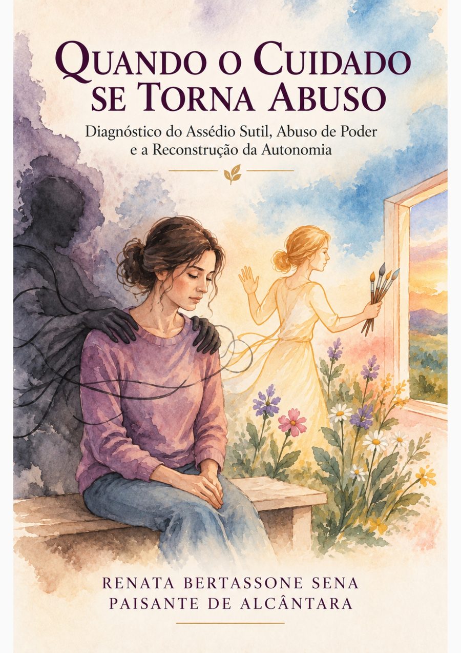 Capa do livreto: ilustração em aquarela de uma mulher sentada, com uma sombra atrás de si, olhando para outra figura que caminha em direção a uma janela aberta com flores