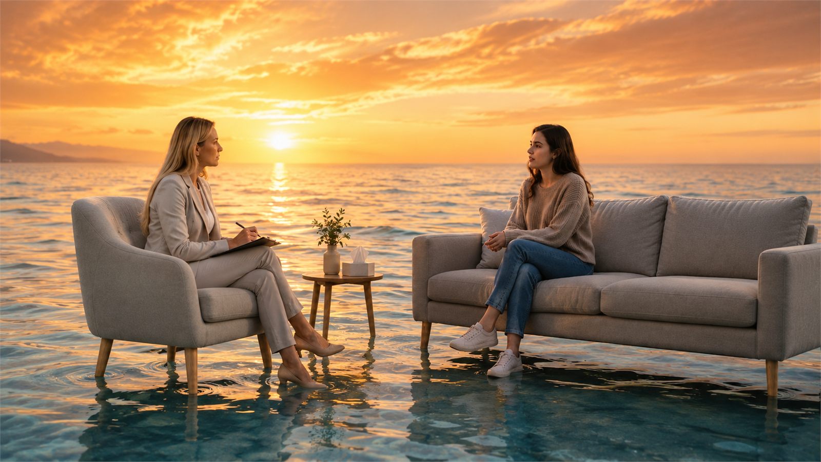 Sessão de psicoterapia em ambiente acolhedor, ao entardecer